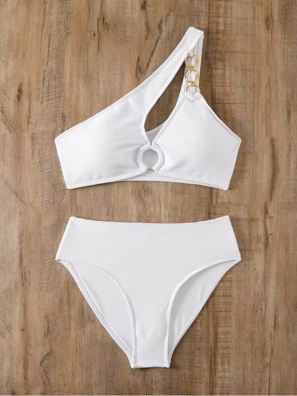 White One-Shoulder Asymmetric Bikini with Gold Ring Accents - Picture 10 of 11
